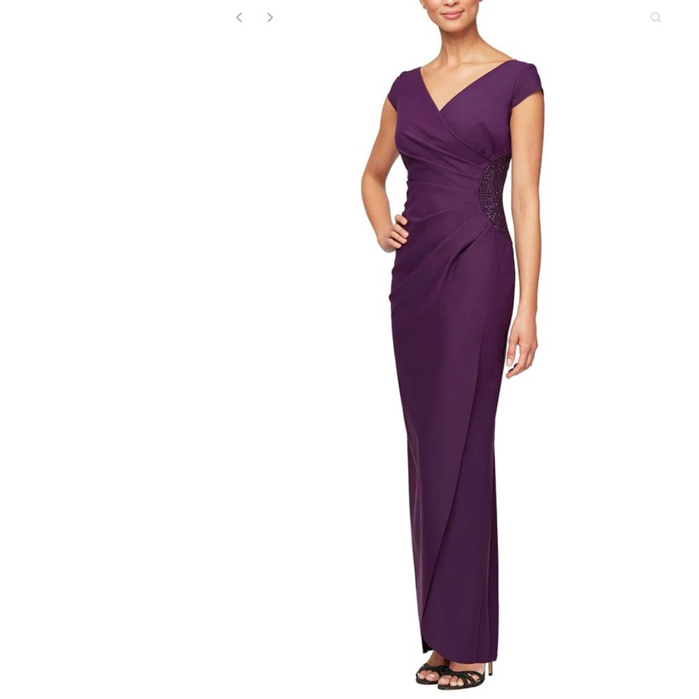 Alex Evenings Women's Slimming Long Cap Sleeve Dress with Side Beaded Detail